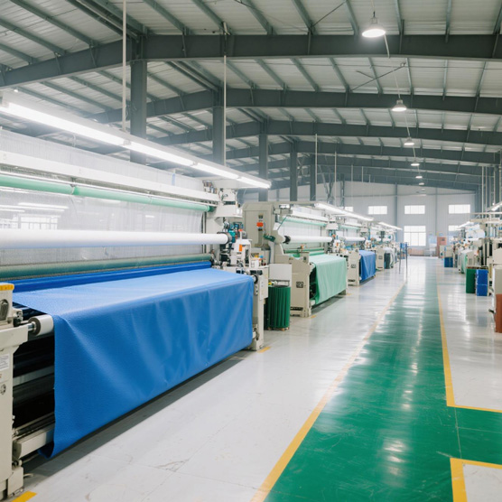Textile production workshop interior with industrial lines manufacturing PVC, PE, polyester, and Oxford fabrics – functional materials for industrial tarps, agricultural covers, outdoor tents & home protection products