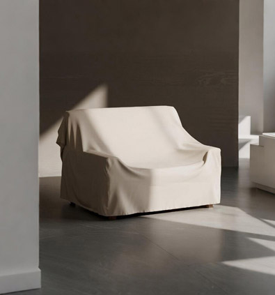 Chair covered with beige Oxford fabric in a minimalist room