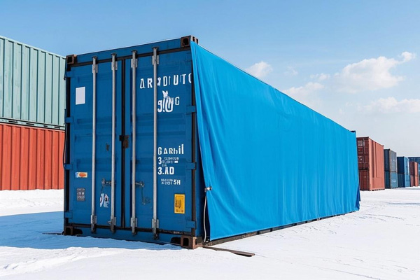 Container tarps covering shipping containers on a truck