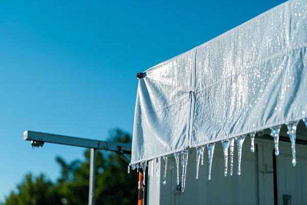 Refrigerated truck with specialized cold-resistant tarps
