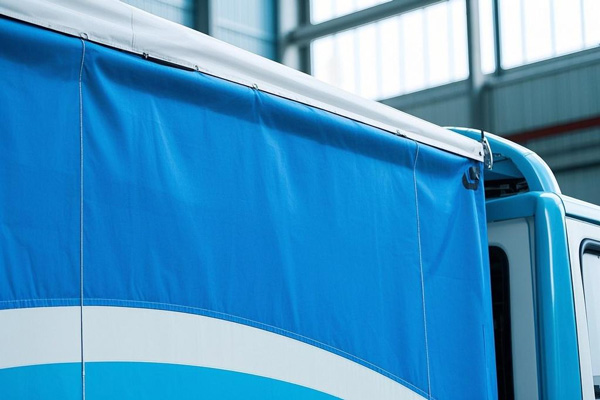 Truck with side curtain tarps partially opened showing cargo
