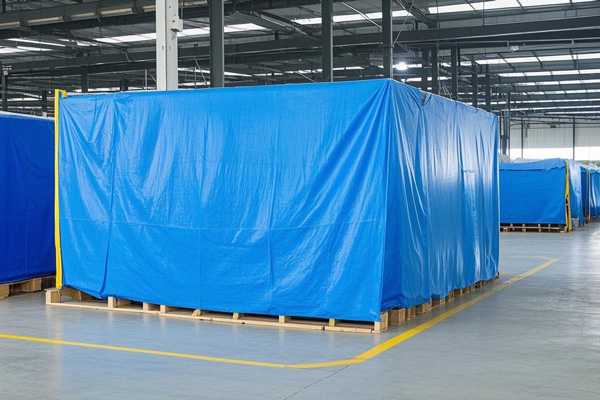 Warehouse storage cover cloth protecting stacked goods from dust and moisture