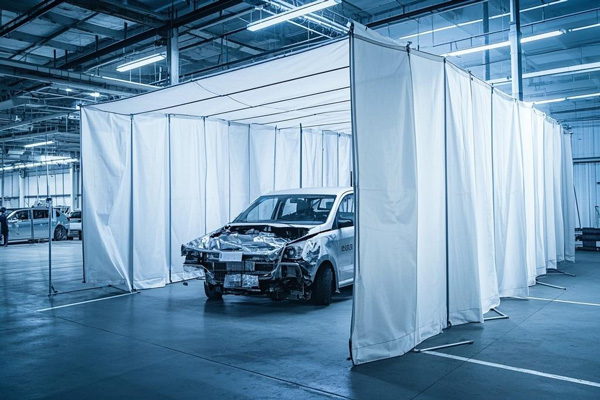 Workshop partition tarpaulin creating separate areas with dust, water and light protection