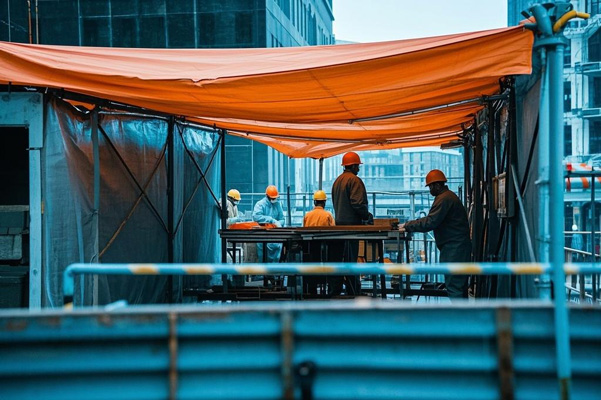 Temporary construction shed roof tarpaulin providing weather protection for worksites