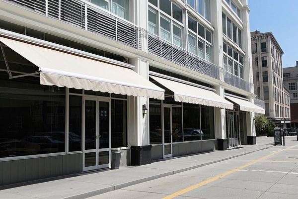 Shop fixed sunshade awning fabric providing storefront protection from sun and rain