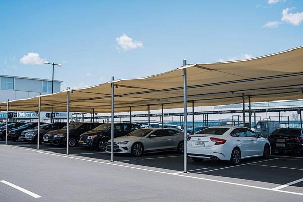 Parking lot sunshade fabric protecting vehicles from sun exposure and heat