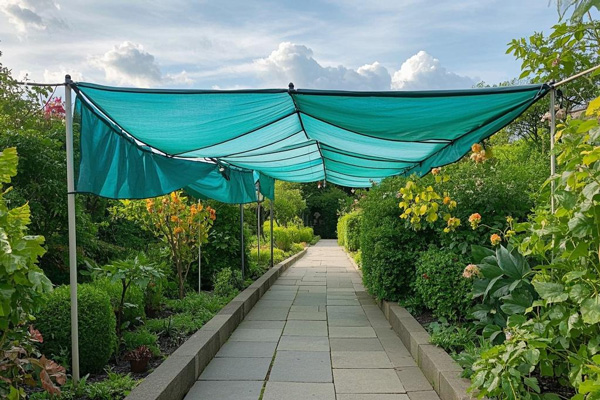 Garden path rain covers creating simple sheltered walkways in outdoor gardens