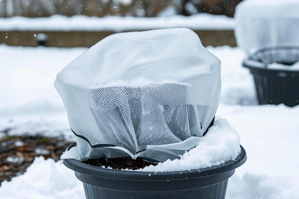 Plant pot frost protection covers shielding potted plants from freezing temperatures