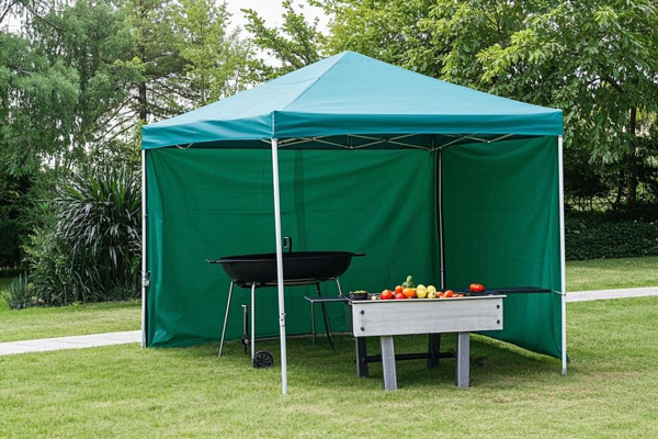 Outdoor BBQ area rain covers protecting grilling equipment and dining spaces
