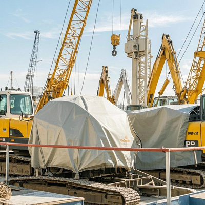 Construction equipment covered with protective dust covers
