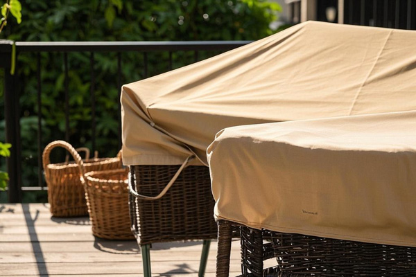 Waterproof Oxford fabric covers protecting outdoor patio furniture from rain and dust