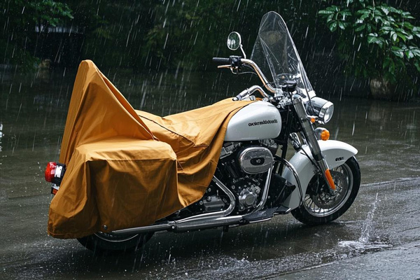 Oxford fabric motorcycle cover protecting a motorcycle from rain and UV rays