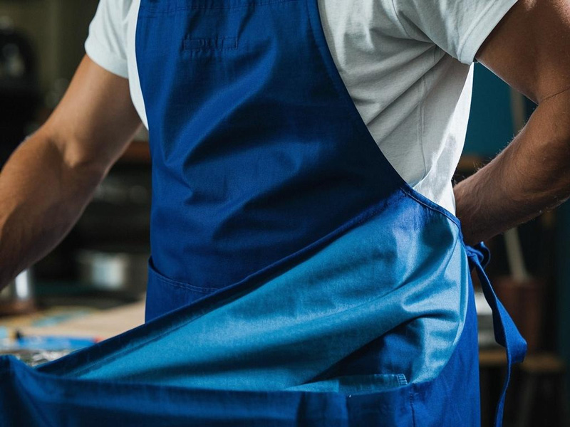 Worker wearing PT fabric protective apron in industrial setting, protected from water and oil