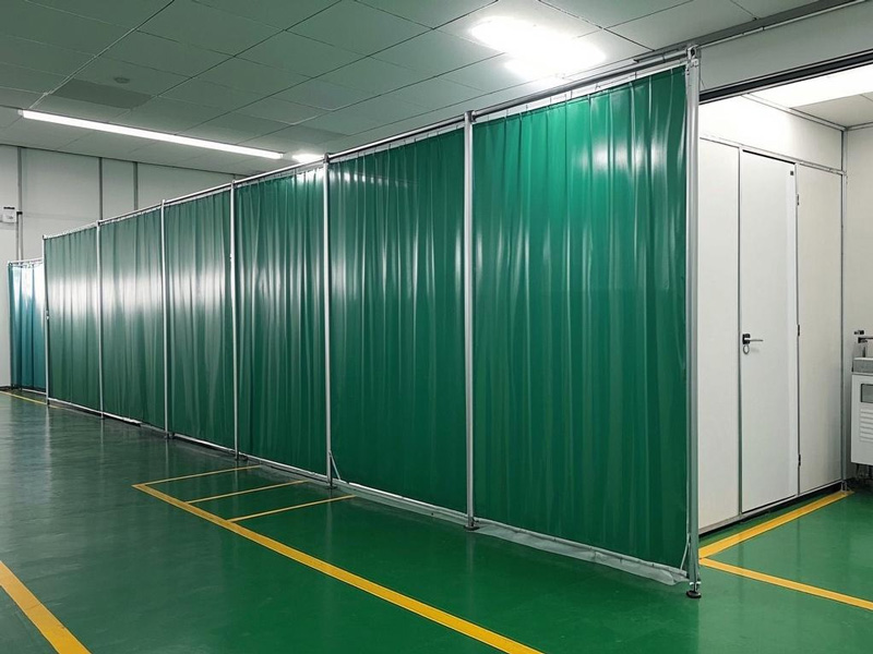Fire-resistant PT fabric partition curtains dividing industrial workshop areas