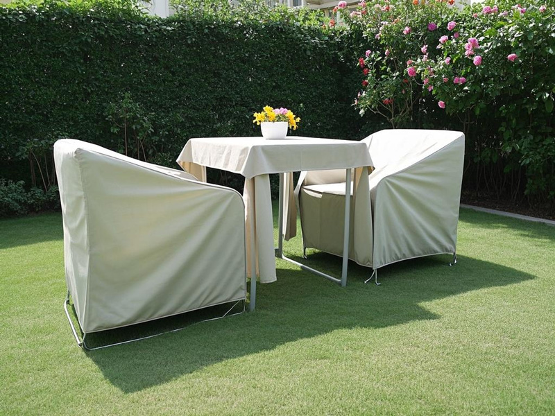 Weatherproof PT fabric covers protecting outdoor patio furniture from rain and sun damage