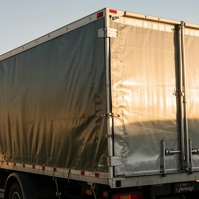 Curtain side truck in loading operation