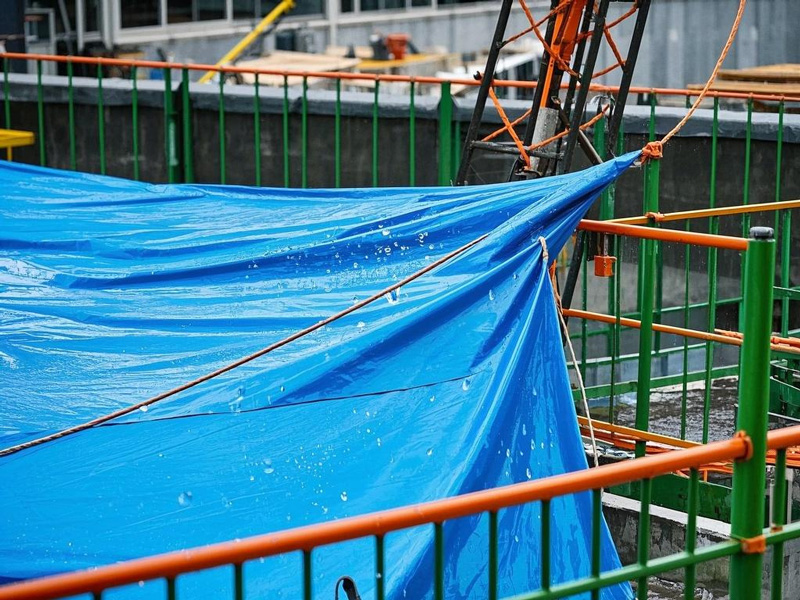 Tarp secured over construction equipment
