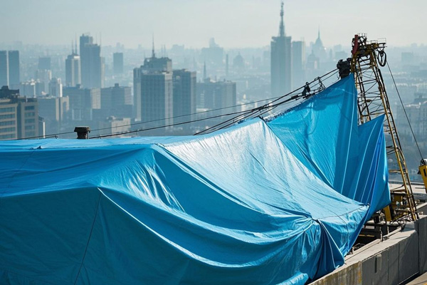Tarp covering construction equipment