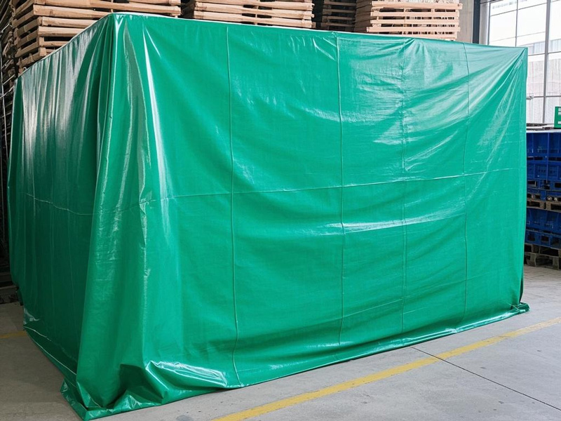 Heavy duty PVC tarp covering stacked materials in warehouse