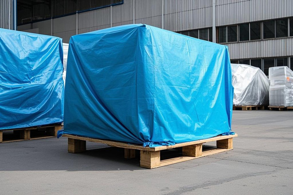 Tarp covering pallet stacks in warehouse