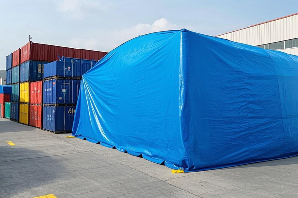 Tarp covering bulk materials in warehouse