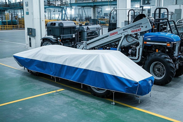 Stored agricultural machinery with protective cover