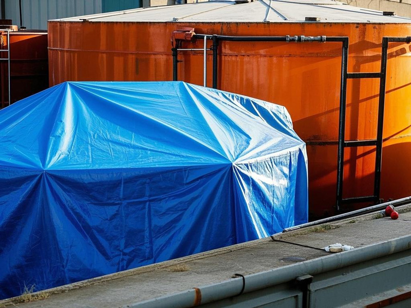Chemical-resistant PVC cover protecting industrial chemical storage