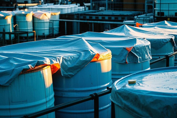 Chemical drum storage covered with protective tarp