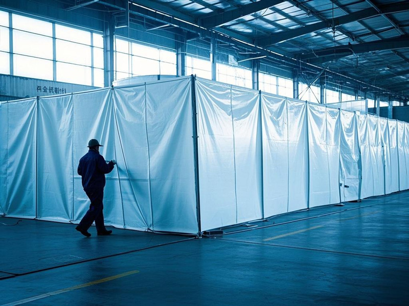 Industrial workshop divider tarp creating separate work zones