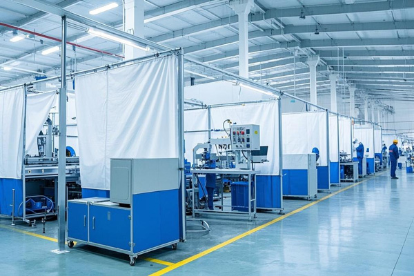 Machine shop with divider tarp separating work areas