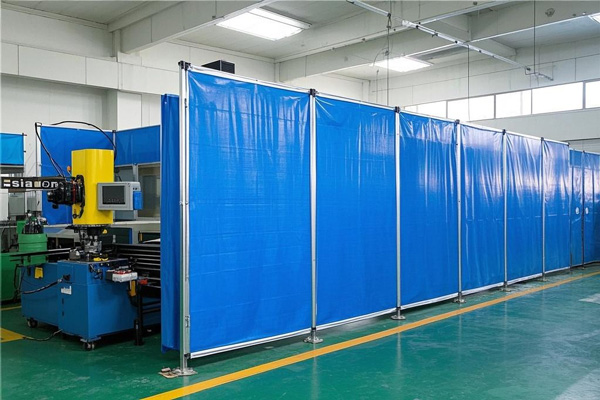 Assembly line with partition curtains for workstations