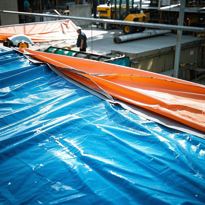 Installation of roof tarp on construction shelter
