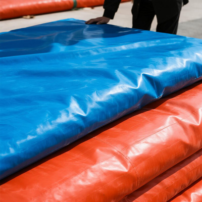 Emergency workers deploying flood barrier