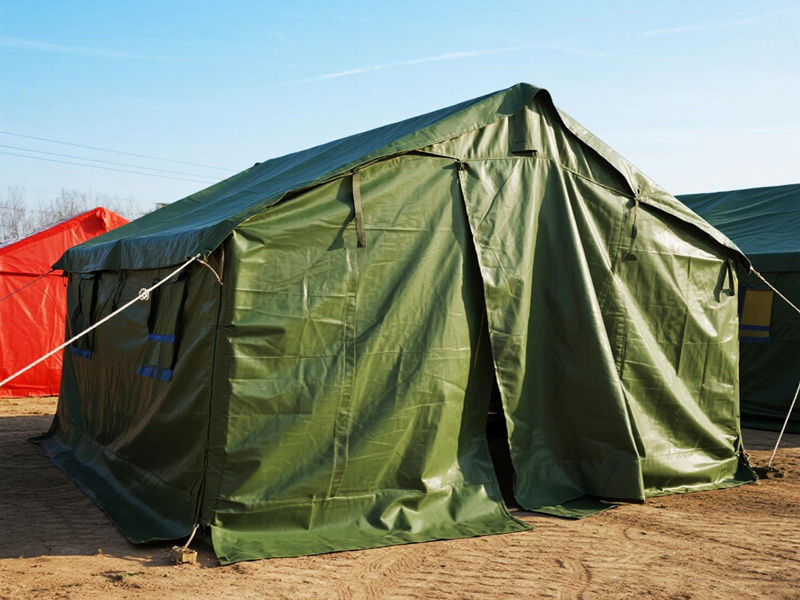 Emergency relief tarp used as temporary shelter in disaster area