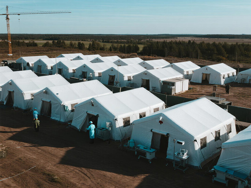 Field hospital covered with emergency relief tarp