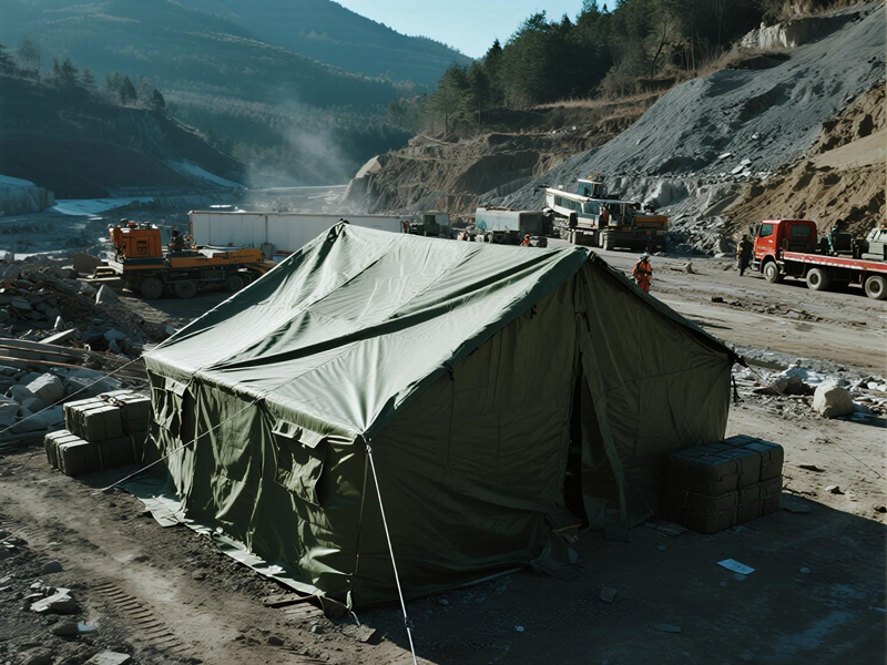 Detail of reinforced seams and grommets on relief tarp
