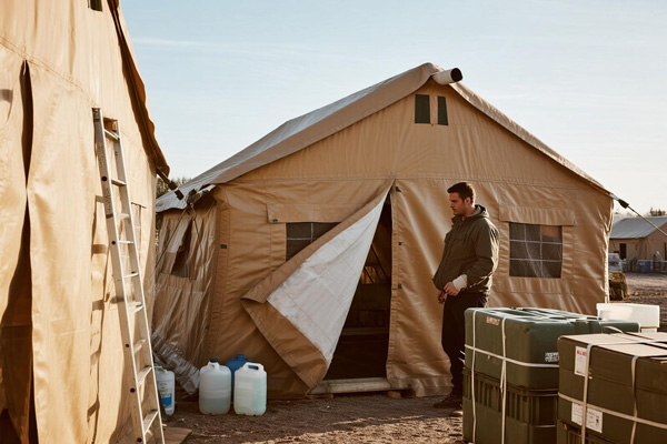 Emergency supply depot covered with relief tarps
