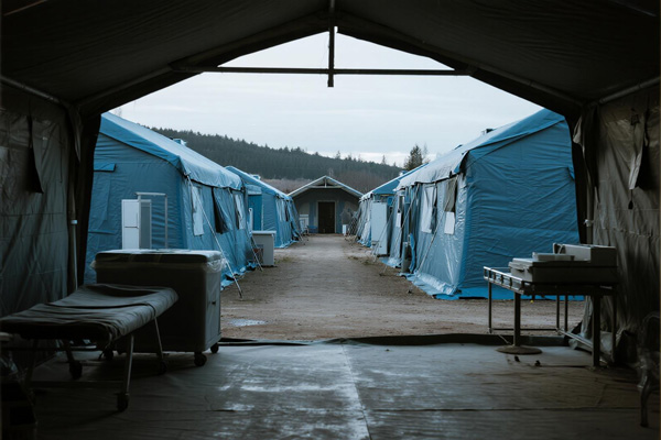Field hospital setup using emergency relief tarps