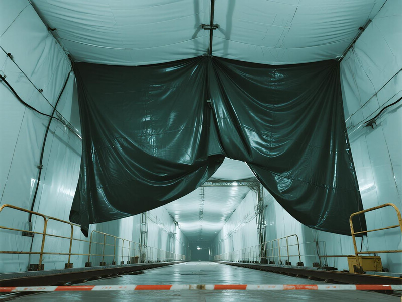 Detail of reinforced edges on tunnel construction tarp