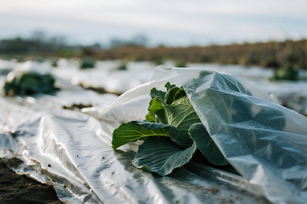 Frost cover over vegetable crops in field