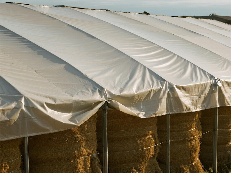 Heavy-duty PVC grain storage cover protecting a large pile of wheat in agricultural storage facility