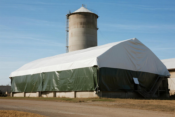 Grain silo with custom-fitted protective cover on top opening