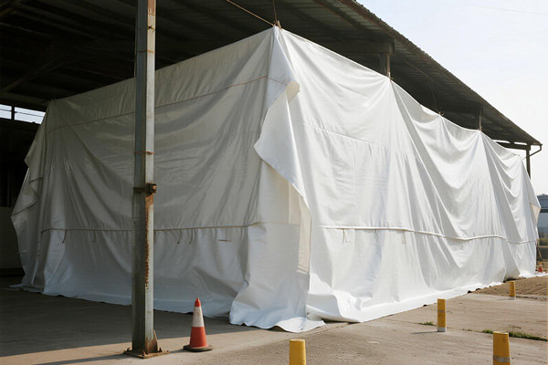 Warehouse with covered grain storage bags and bulk containers