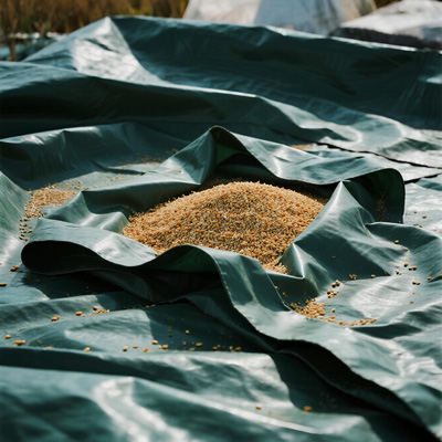 Workers installing grain storage cover over wheat pile using machinery