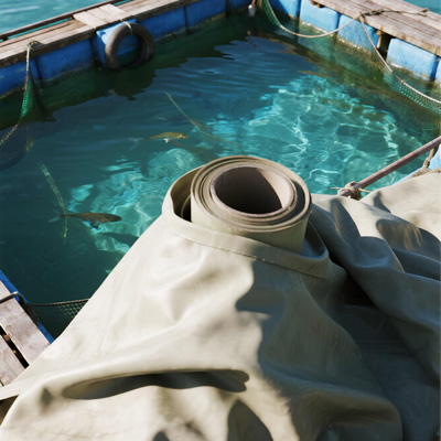 Aerial view of covered shrimp ponds