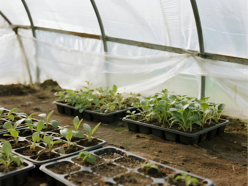 Insulation tarp covering greenhouse seedling benches