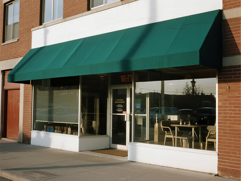 Café exterior with commercial awning providing shade to outdoor seating