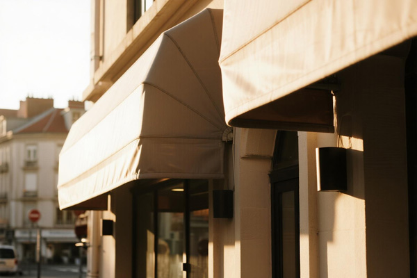 Service business with awning identifying entrance and providing shelter