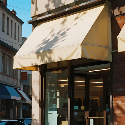 Café outdoor seating with awning providing shade and branding