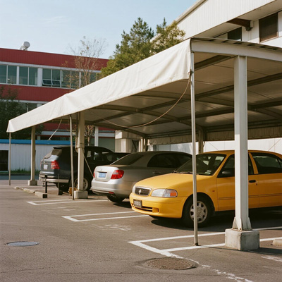 Parking shade structure installation showing support framework